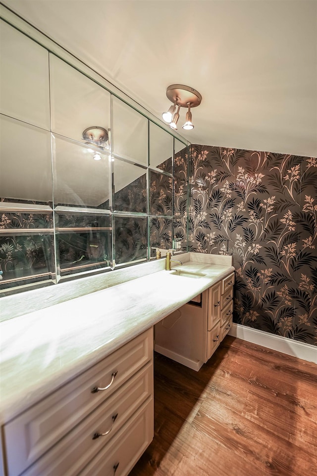 bathroom with hardwood / wood-style flooring and vanity