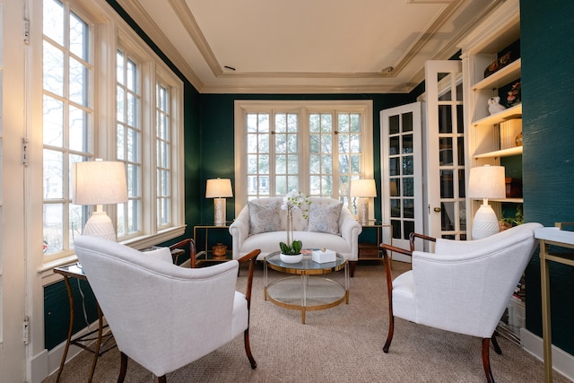 sitting room featuring crown molding and a raised ceiling