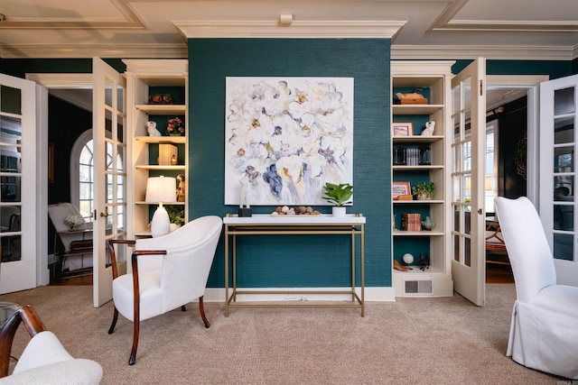 living area with french doors, ornamental molding, and carpet floors