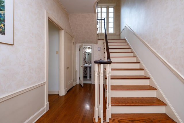 stairs with hardwood / wood-style flooring