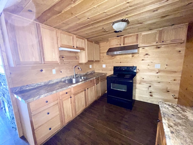 kitchen with dark hardwood / wood-style flooring, black / electric stove, sink, and light brown cabinets