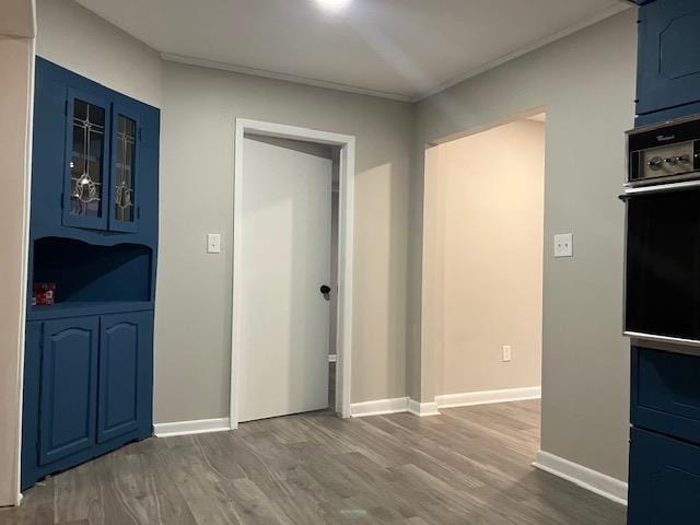 interior space featuring wood-type flooring and blue cabinetry