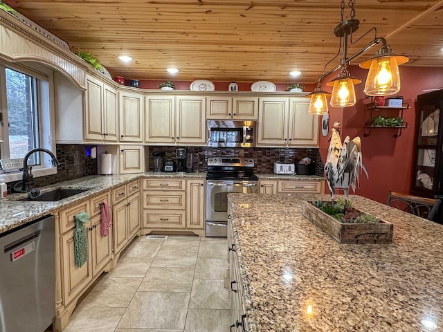 kitchen featuring pendant lighting, sink, wood ceiling, appliances with stainless steel finishes, and decorative backsplash