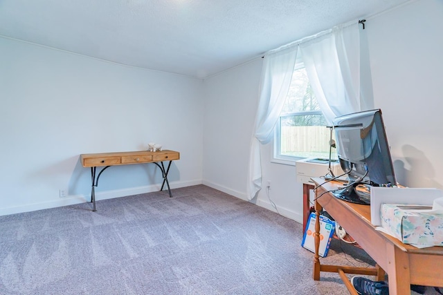 carpeted office with a textured ceiling