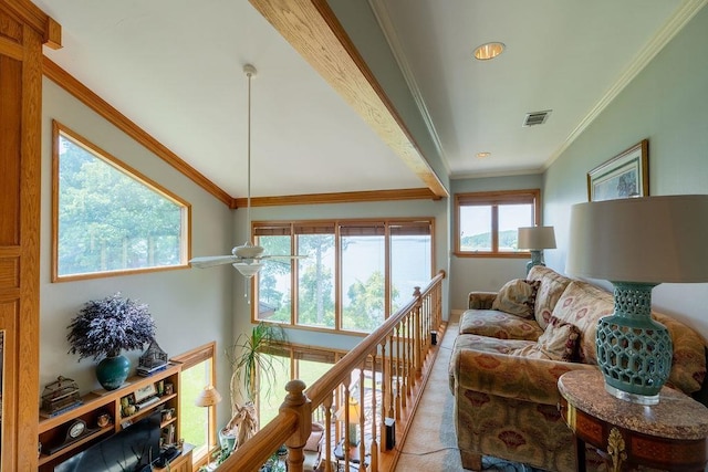 living room featuring crown molding and ceiling fan