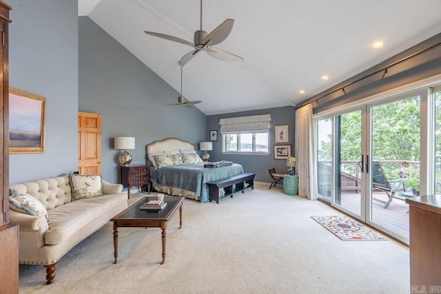 bedroom with ceiling fan, access to exterior, high vaulted ceiling, carpet flooring, and french doors