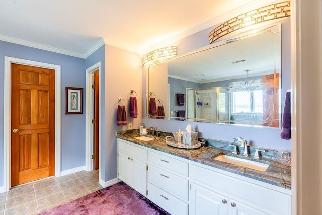 bathroom with ornamental molding, an enclosed shower, tile patterned flooring, and vanity