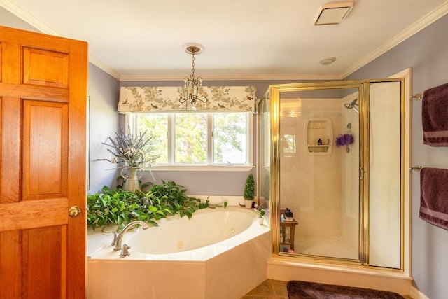 bathroom featuring ornamental molding, plus walk in shower, and tile patterned flooring