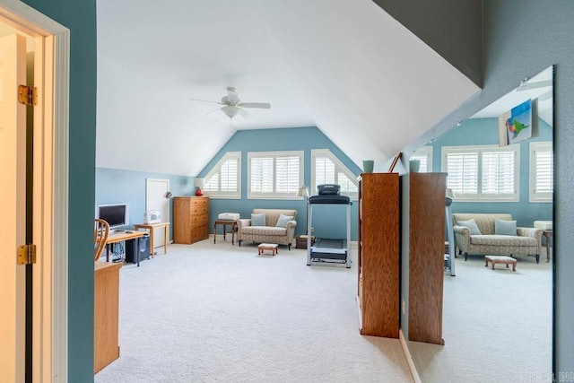 bonus room with vaulted ceiling, carpet flooring, and ceiling fan