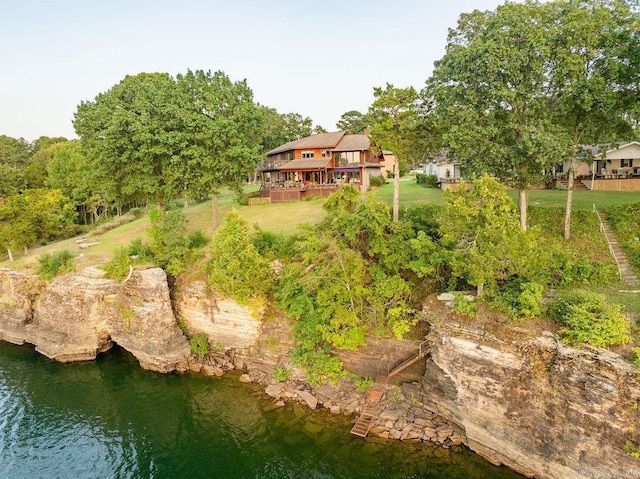 aerial view featuring a water view