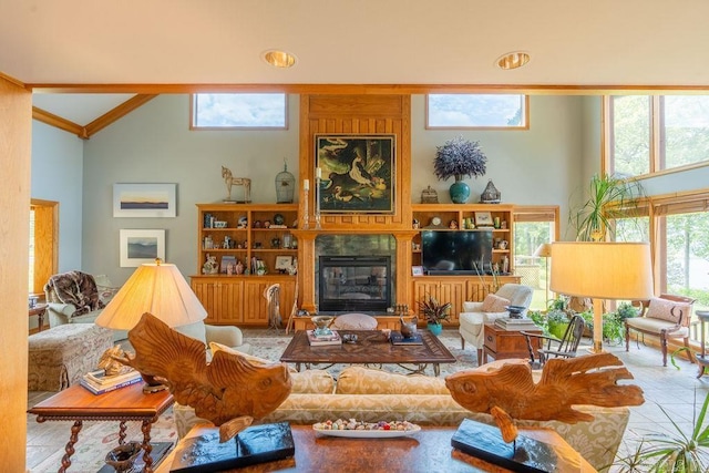 tiled living room featuring high vaulted ceiling