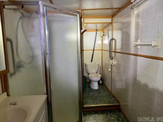 bathroom featuring vanity, toilet, an enclosed shower, and tile walls
