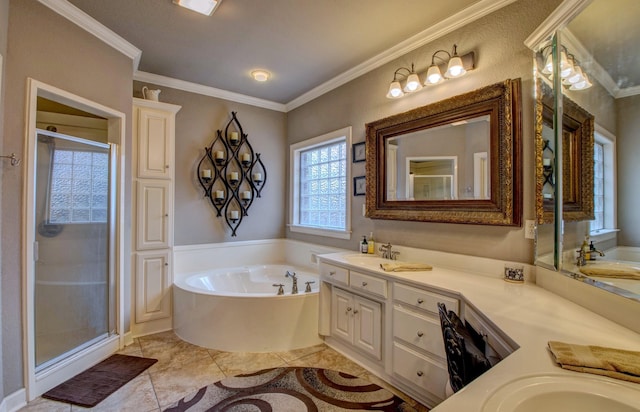 bathroom with crown molding, tile patterned floors, vanity, and plus walk in shower