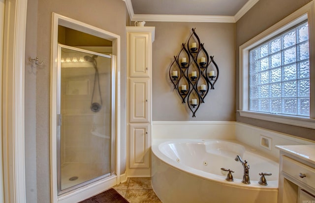 bathroom featuring vanity, crown molding, and plus walk in shower