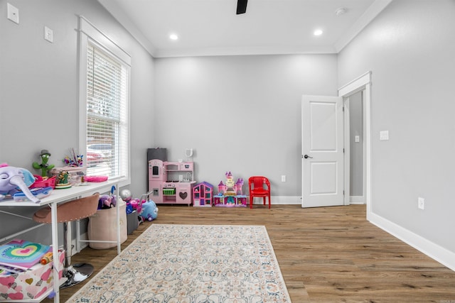 playroom with hardwood / wood-style flooring and ornamental molding