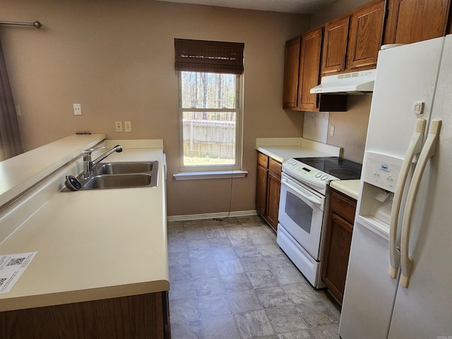 kitchen with under cabinet range hood, white appliances, a sink, light countertops, and brown cabinets