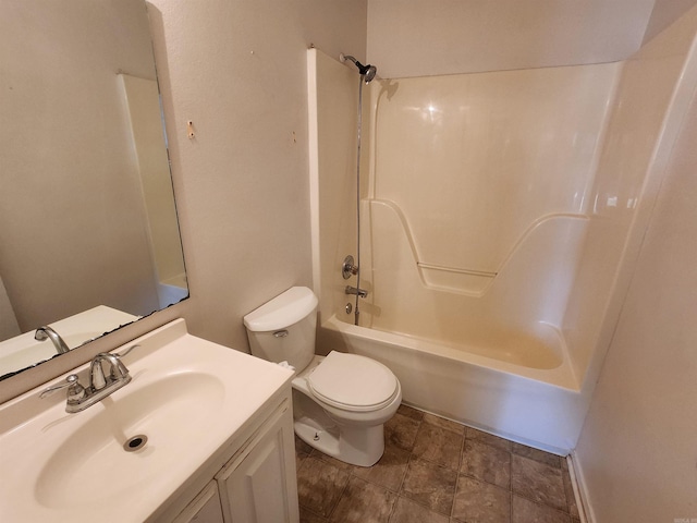 full bath with toilet, shower / bathtub combination, and vanity