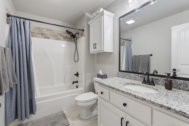 full bathroom with vanity, shower / bath combination with curtain, and toilet