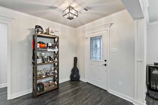 foyer with crown molding, beverage cooler, and dark hardwood / wood-style flooring