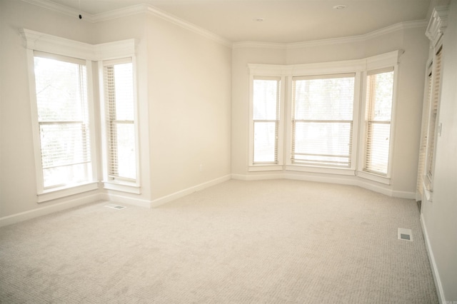 carpeted spare room featuring crown molding