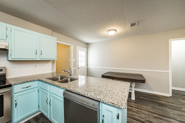 kitchen featuring stainless steel electric range oven, dishwasher, sink, and kitchen peninsula