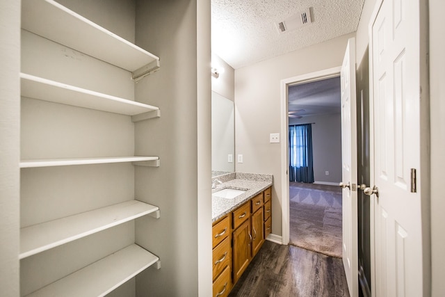 bathroom with vanity, wood-type flooring, and a textured ceiling