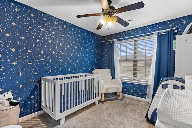 bedroom featuring carpet floors and ceiling fan