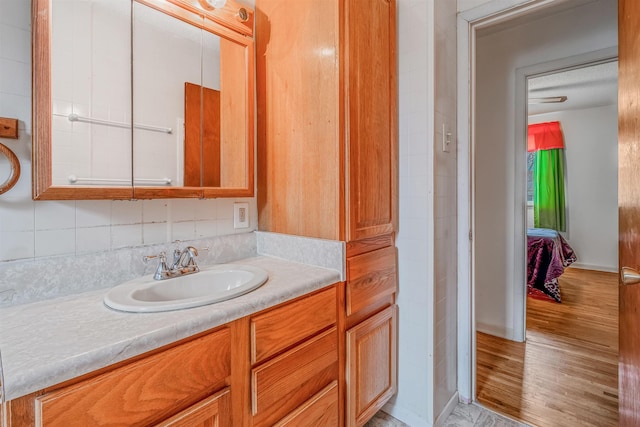 bathroom with vanity and wood-type flooring