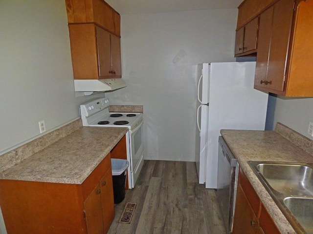 kitchen with dark hardwood / wood-style flooring, sink, stainless steel dishwasher, and white electric stove