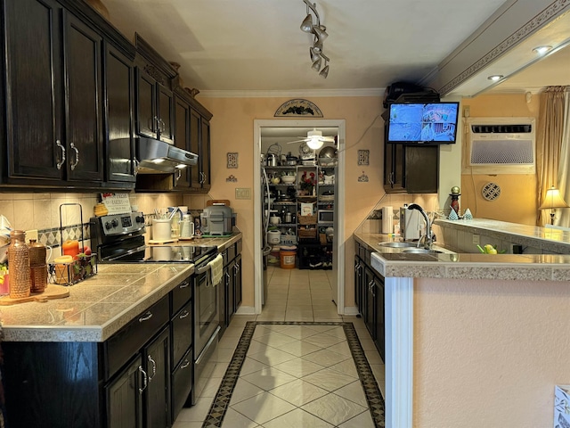 kitchen with electric stove, crown molding, sink, and backsplash