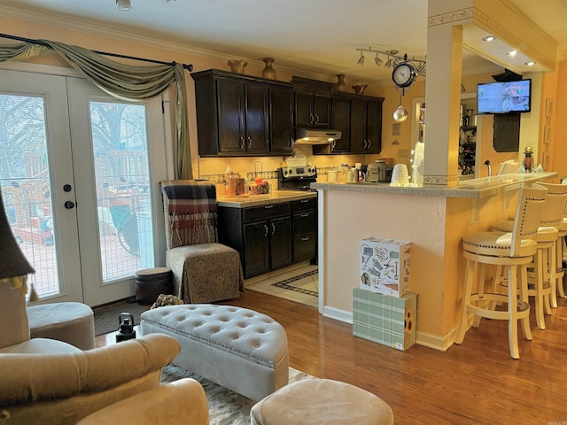 kitchen featuring ornamental molding, a wealth of natural light, a kitchen breakfast bar, and light hardwood / wood-style floors