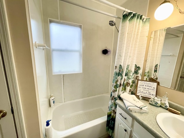 bathroom featuring shower / tub combo with curtain and vanity