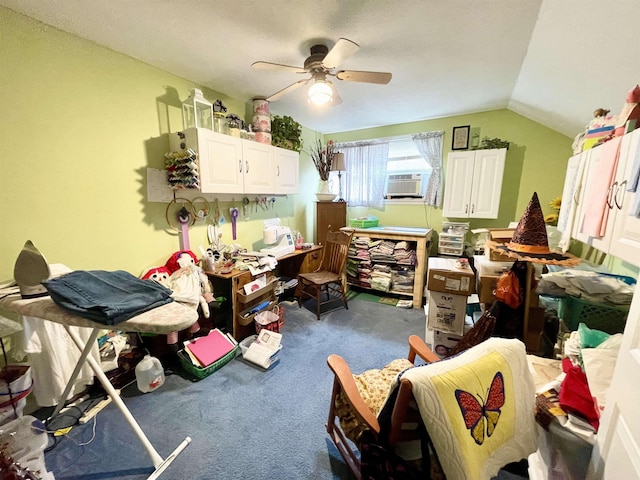 misc room with cooling unit, vaulted ceiling, ceiling fan, and carpet flooring