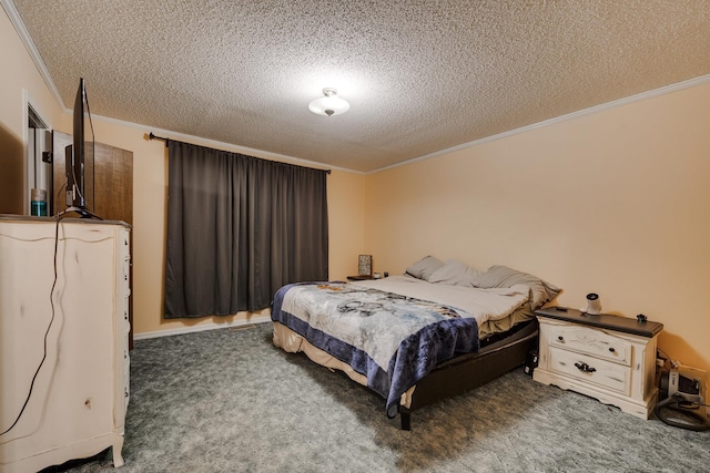 bedroom with dark carpet, ornamental molding, and a textured ceiling