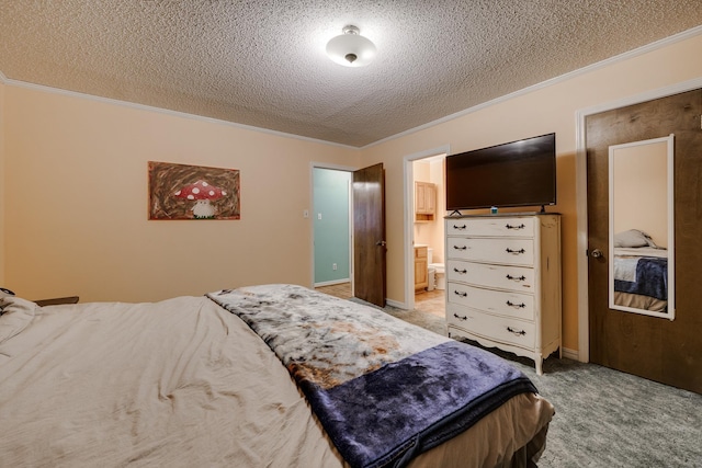 carpeted bedroom with crown molding and a textured ceiling