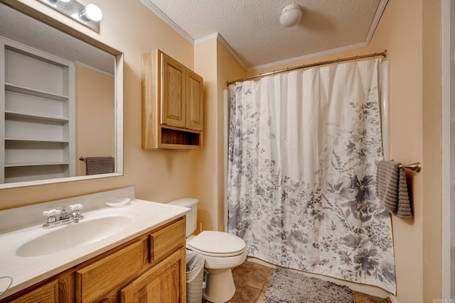 bathroom with tile patterned flooring, ornamental molding, vanity, toilet, and a textured ceiling