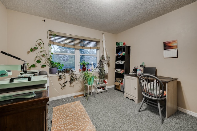 office with carpet and a textured ceiling