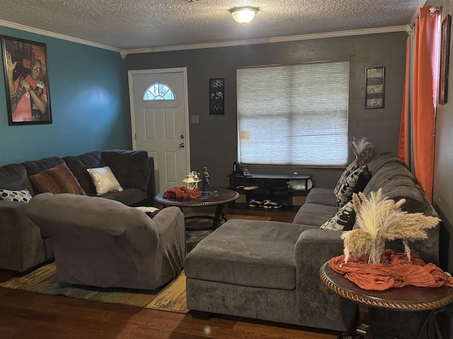 living room with wood-type flooring, a textured ceiling, and crown molding