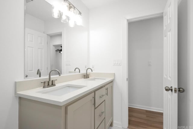 bathroom with vanity and hardwood / wood-style flooring