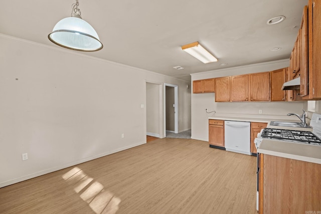 kitchen featuring sink, hanging light fixtures, white dishwasher, ornamental molding, and light wood-type flooring