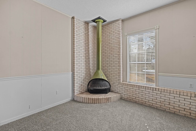 room details with carpet, a wood stove, and a textured ceiling