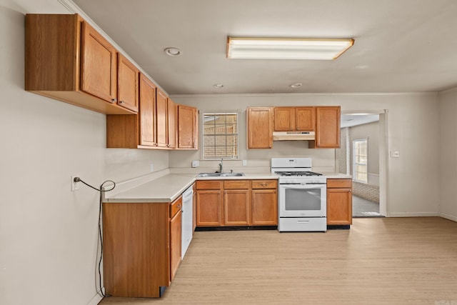 kitchen featuring crown molding, white appliances, sink, and light wood-type flooring