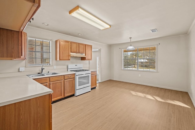 kitchen featuring sink, hanging light fixtures, light hardwood / wood-style floors, gas range gas stove, and crown molding