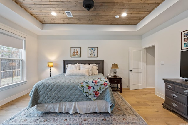 bedroom with a raised ceiling, light hardwood / wood-style flooring, and wooden ceiling