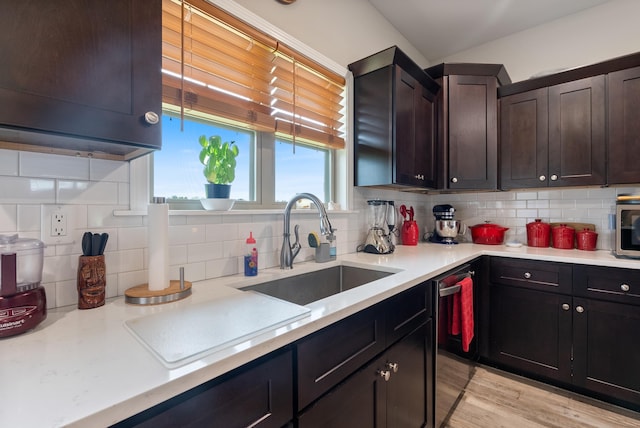 kitchen featuring dark brown cabinetry, light hardwood / wood-style floors, sink, and decorative backsplash