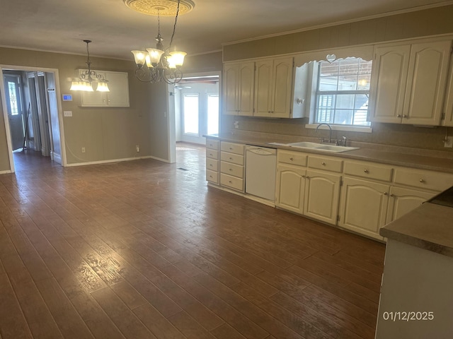 1013 Elm St, Coal Hill, AR 72832 - kitchen with sink, ornamental molding, dark hardwood / wood-style flooring, dishwasher, and pendant lighting