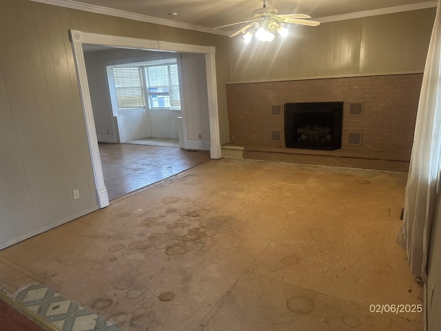 1013 Elm St, Coal Hill, AR 72832 - unfurnished living room featuring ceiling fan, ornamental molding, and a brick fireplace