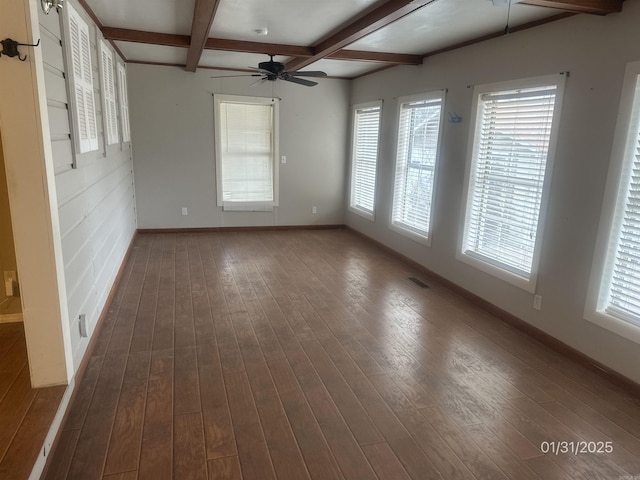 1013 Elm St, Coal Hill, AR 72832 - empty room featuring beamed ceiling, ceiling fan, coffered ceiling, and dark hardwood / wood-style flooring