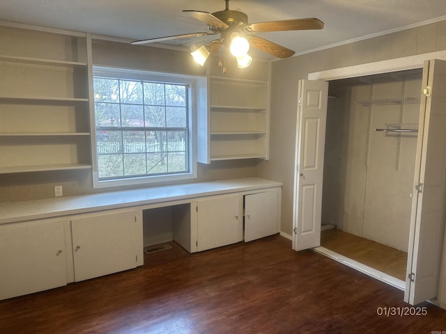 1013 Elm St, Coal Hill, AR 72832 - unfurnished office with ceiling fan, ornamental molding, dark hardwood / wood-style floors, and built in desk