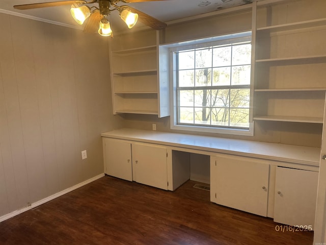 1013 Elm St, Coal Hill, AR 72832 - unfurnished office with crown molding, built in desk, dark hardwood / wood-style floors, and ceiling fan